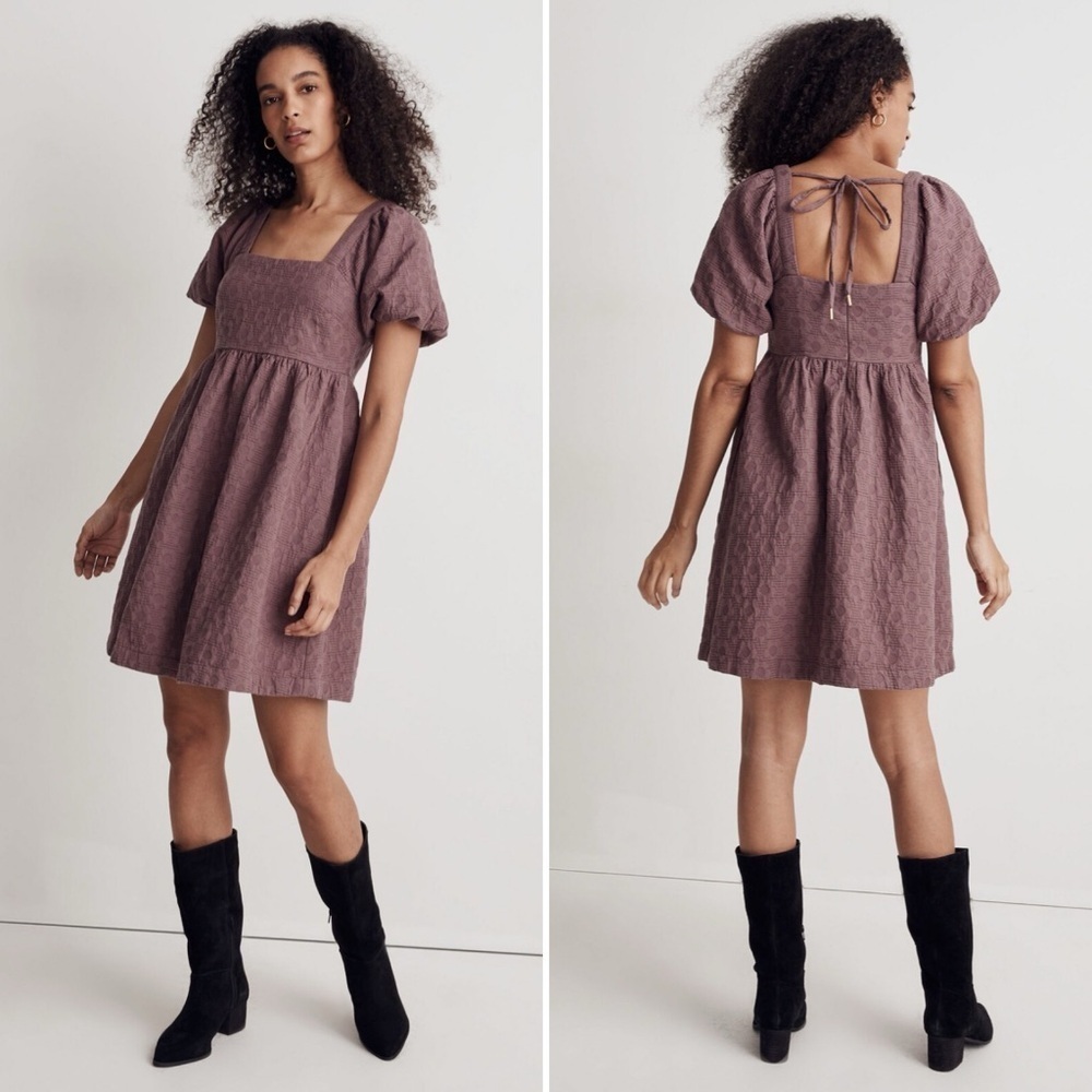 Madewell Floral Quilted Puff-Sleeve Mini Flirty Dress Tie Back Pockets Purple XS